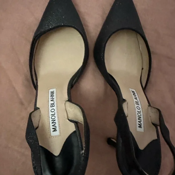 Manolo Blahnik Carolyne Low Heel Women's Slingback Pumps Black Glitter EU 35.5 - Picture 2 of 6